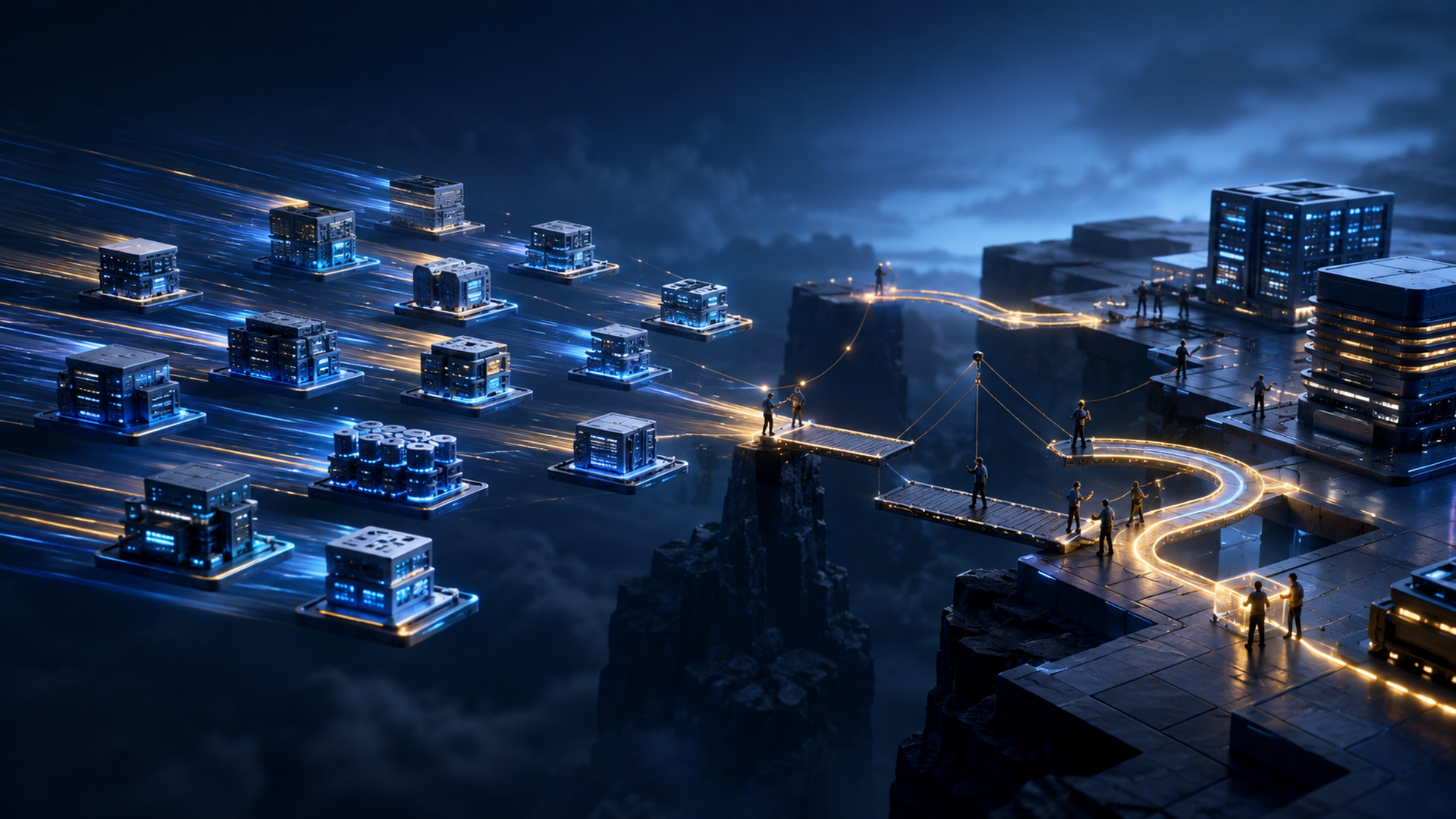 Several acquired organizations connect to a shared enterprise while unresolved systems, identities, and customer handoffs remain visible.