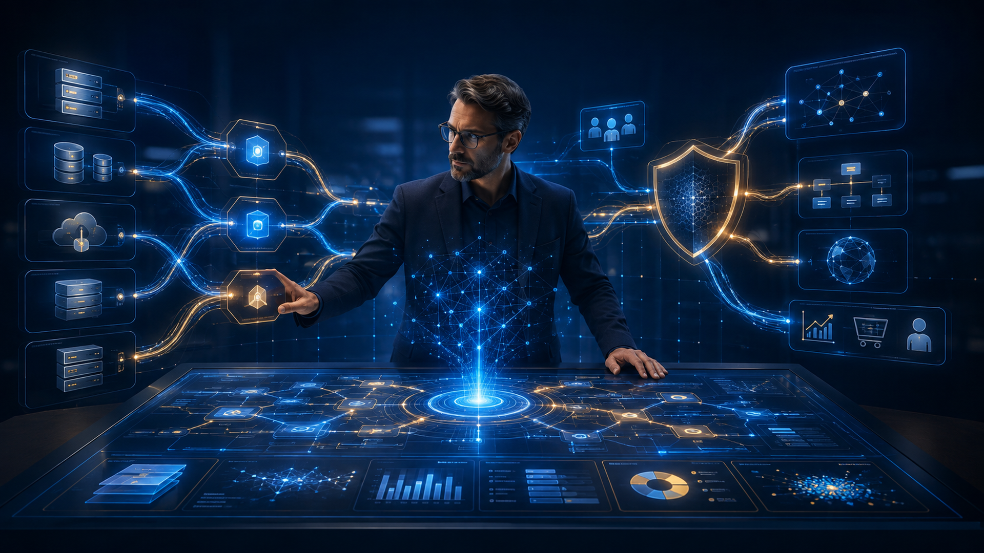 A human-guided AI review connects approved evidence to an integration-debt map and Business Intelligence dashboard.