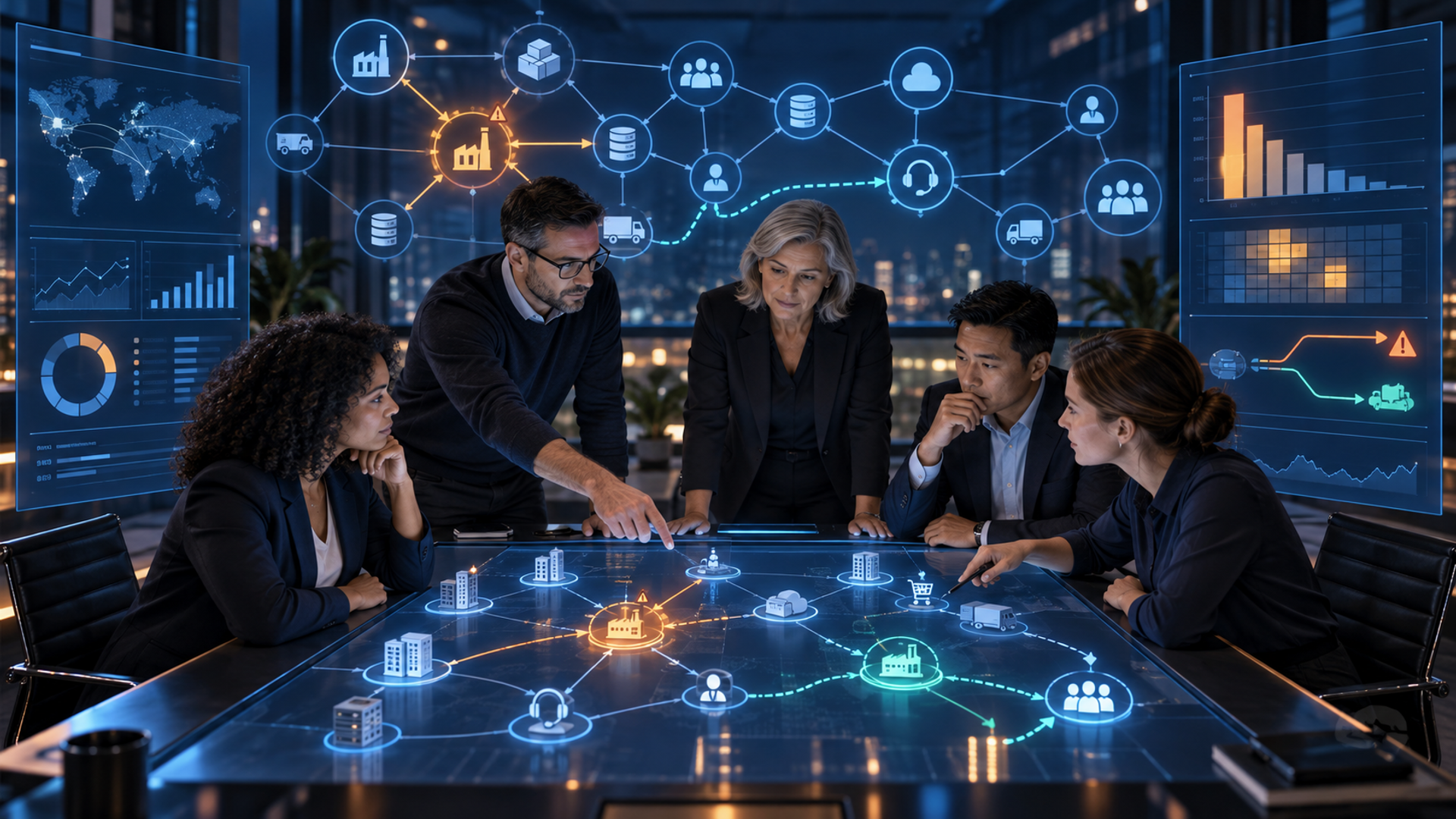 Experienced people examine an AI-assisted vendor-dependency graph and Business Intelligence dashboards with visible risk and human approval points.
