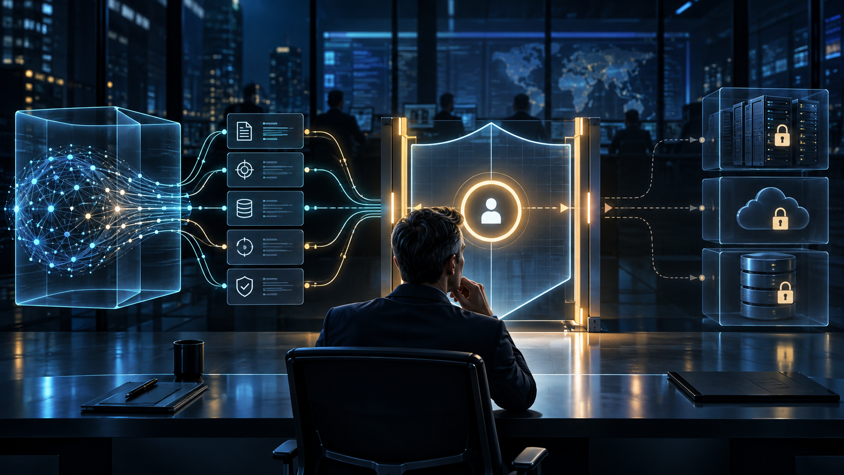 An experienced person controls an authorization gate between an AI system and locked enterprise services.