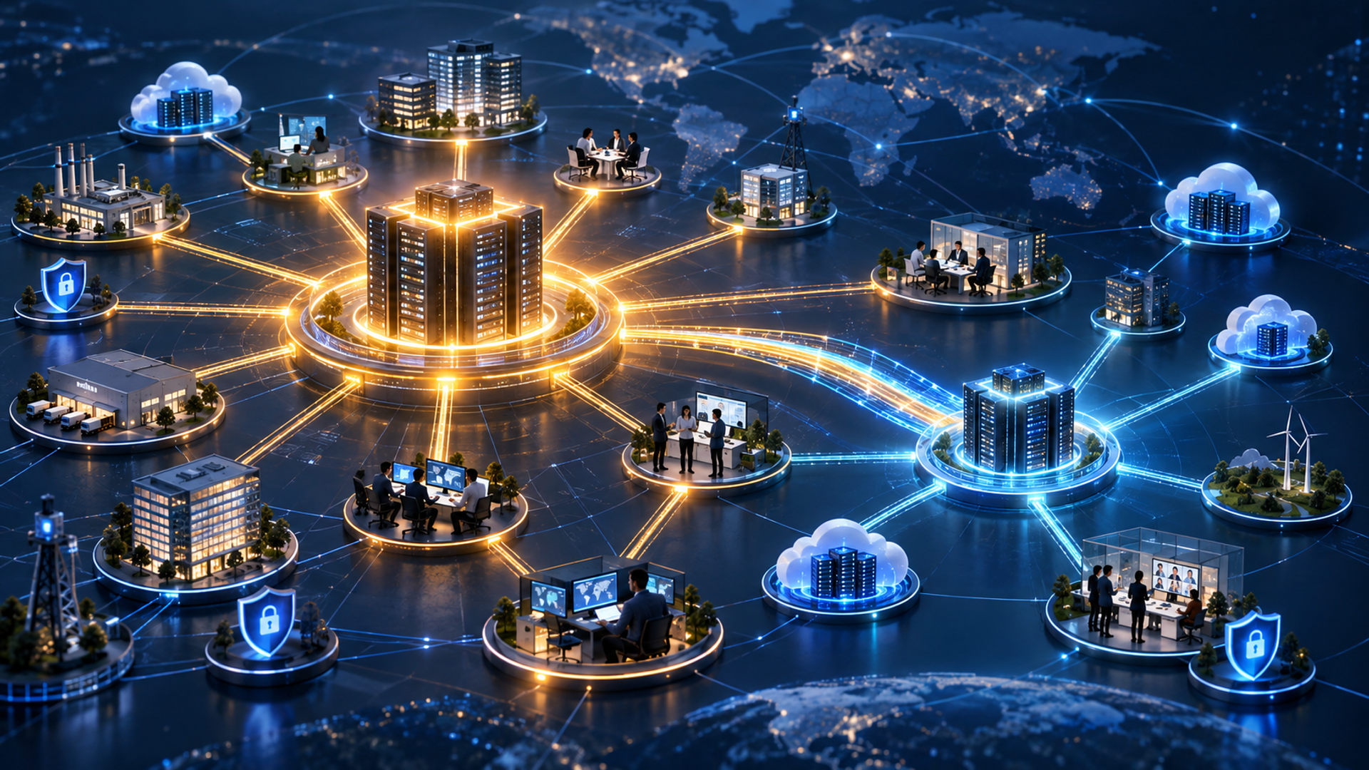 A trusted enterprise technology network converges on one amber vendor hub while a credible blue secondary path is deliberately built.